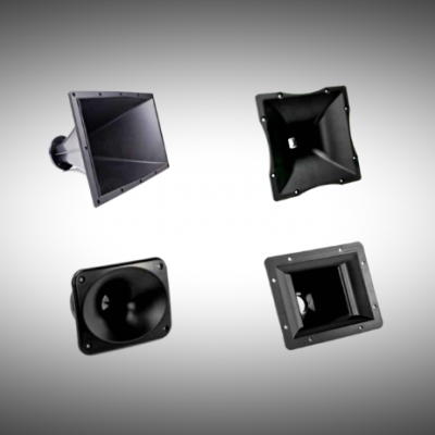 Cornets acústicos pretos de vários tamanhos e formas