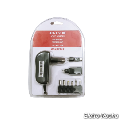Adaptador AC/DC FONESTAR AD-1510E com pontas intercambiáveis em embalagem plástica