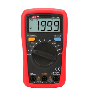 Multímetro digital UNI-T UT33A+ com corpo preto e capa vermelha e ecrã LCD a mostrar 1999