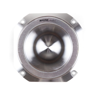 Dispositivo de áudio metálico prateado com texto MASTER Audio