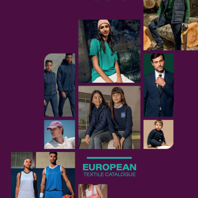 Capa do catálogo têxtil europeu 2025 com pessoas em roupas desportivas e casuais