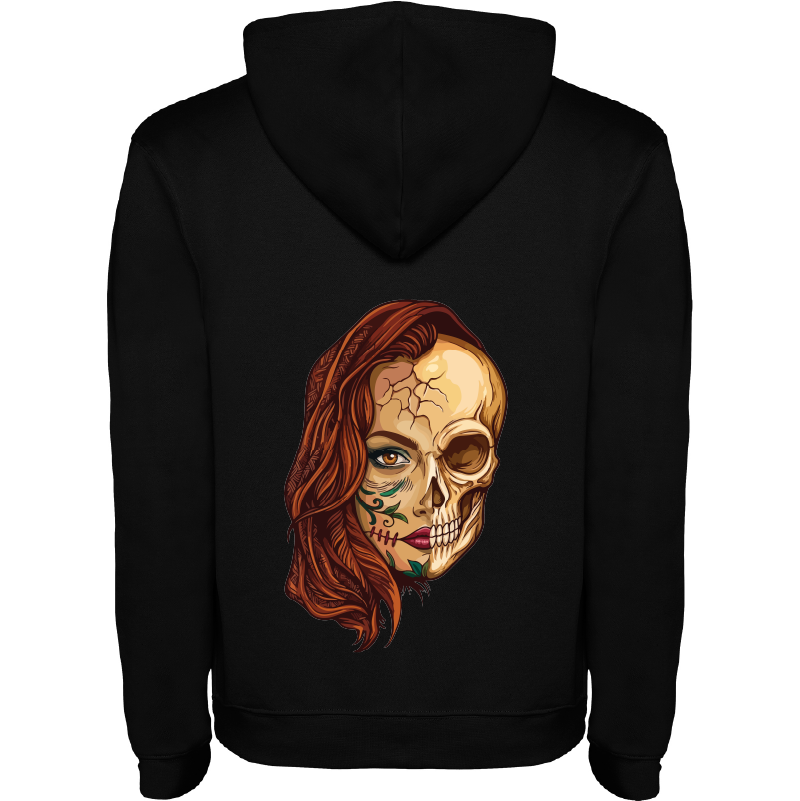 Camisola preta com capuz e estampado metade mulher metade caveira nas costas
