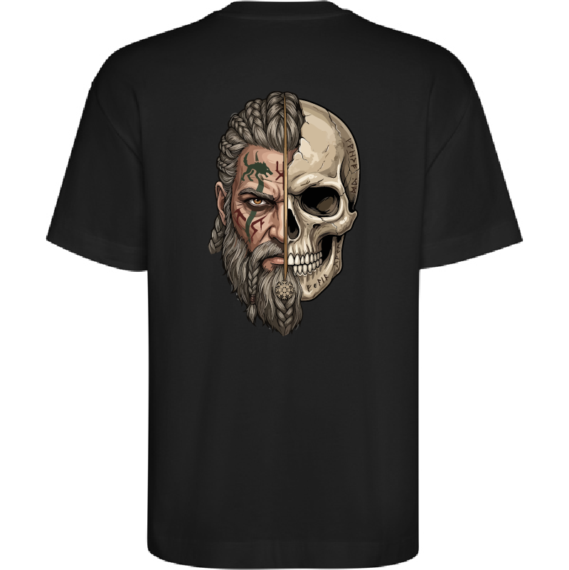 T-shirt preta com estampa de rosto metade humano metade crânio