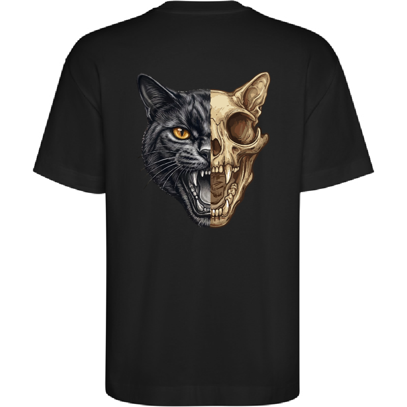 T-shirt preta com estampa de rosto de gato e crânio dividido ao meio