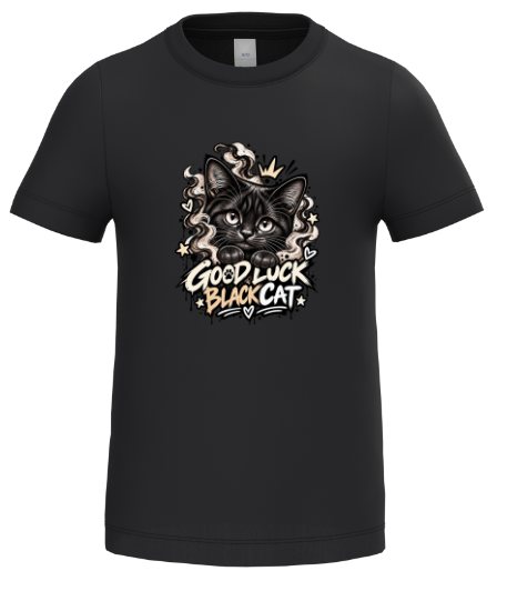 T-shirt preta com estampa de gato preto e texto GOOD LUCK BLACK CAT