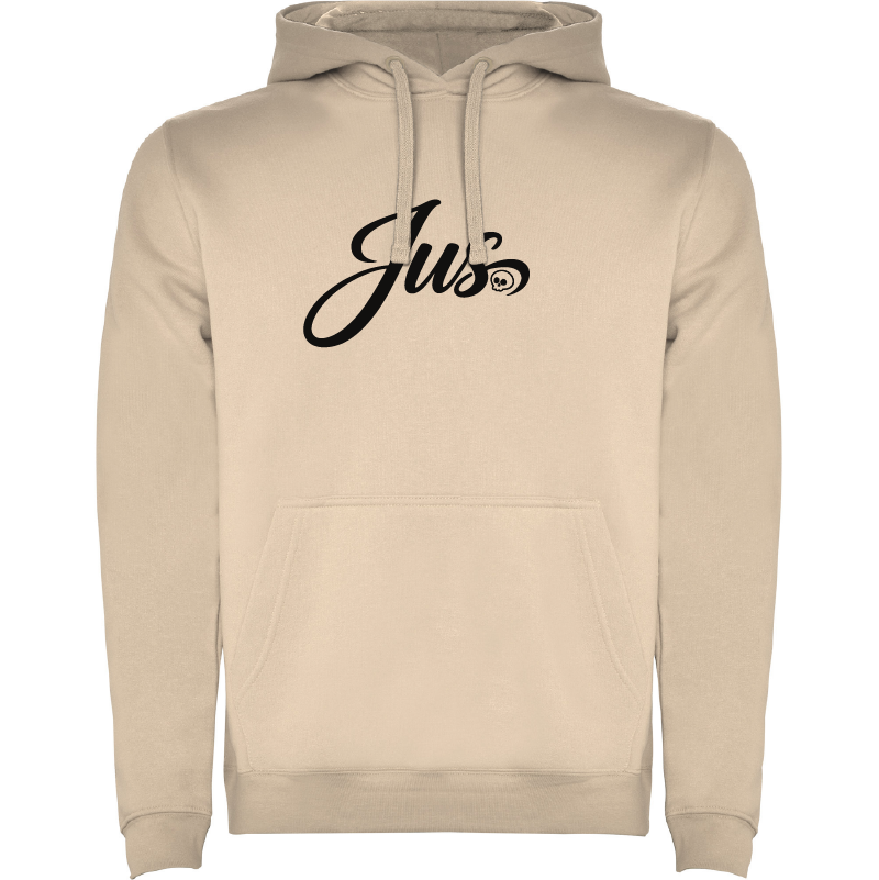 Camisola bege com capuz e texto Jus preto no peito
