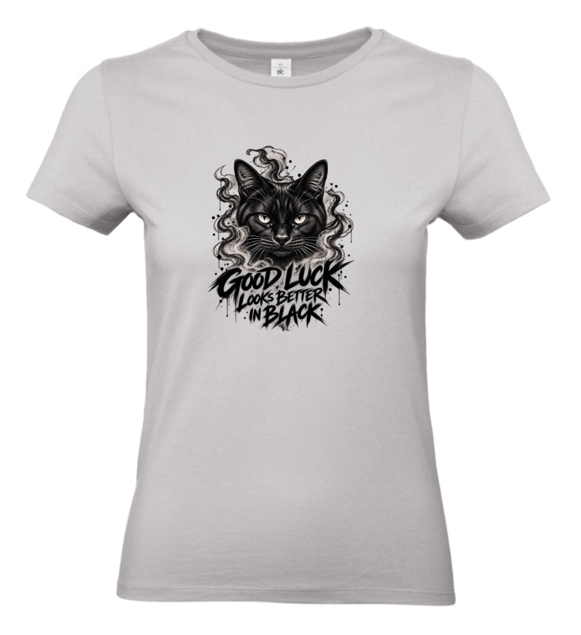 T-shirt cinzenta com estampa de gato preto e texto em inglês