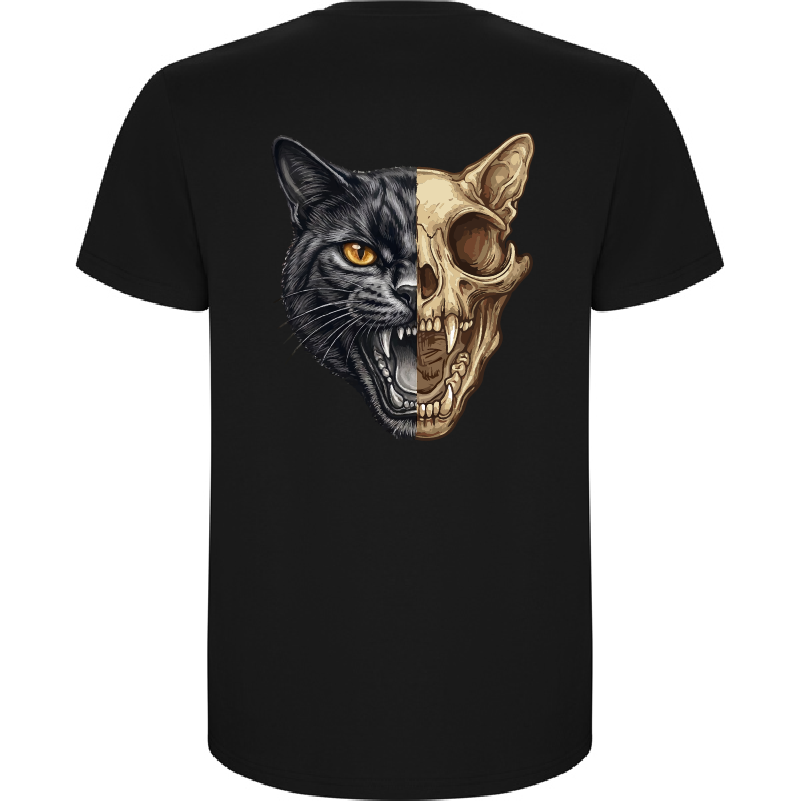 T-shirt preta com estampa de meio rosto de gato e meio crânio de gato