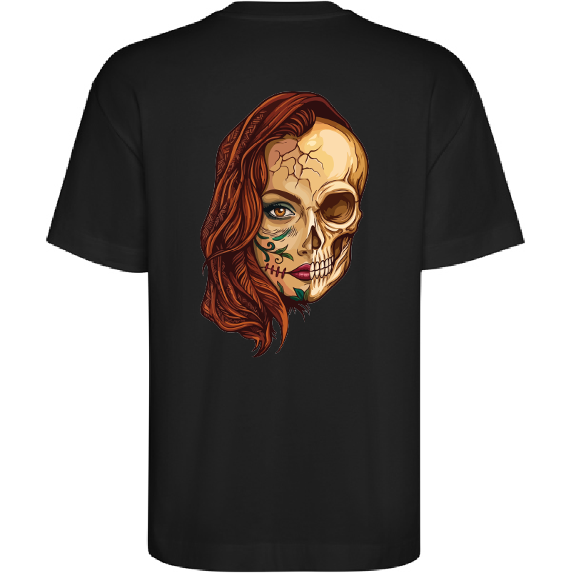 T-shirt preta com estampa de rosto metade mulher metade caveira