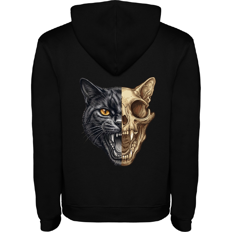 Sweatshirt preta com estampa de gato e crânio dividido ao meio nas costas