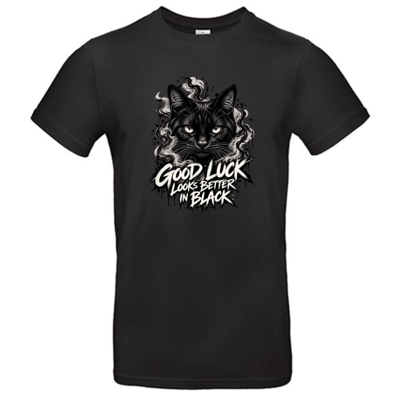 T-shirt preta com estampa de gato preto e frase em branco