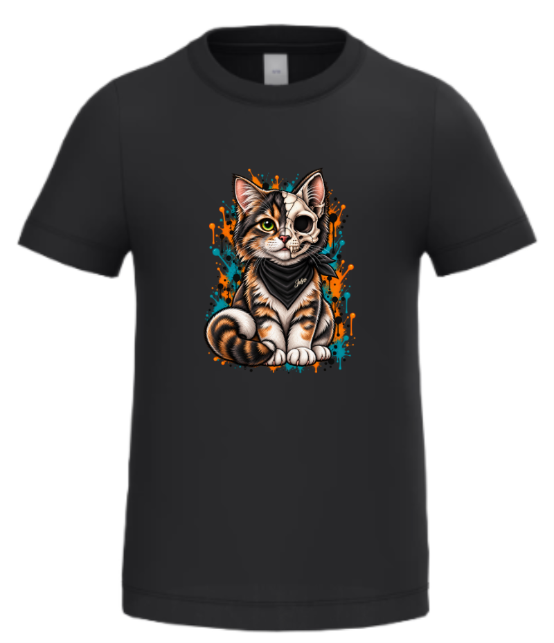 T-shirt preta com estampa artística de gato com metade do rosto de caveira.
