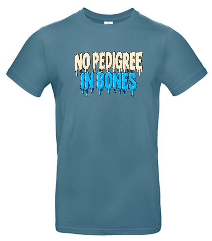 T-shirt azul com texto gotejante em bege e azul