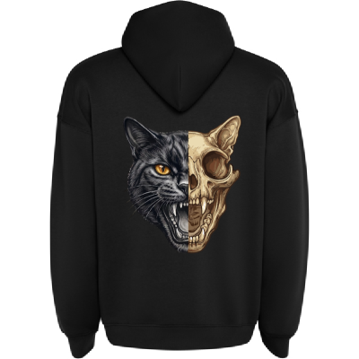 Sweatshirt preta com estampa de gato e crânio nas costas