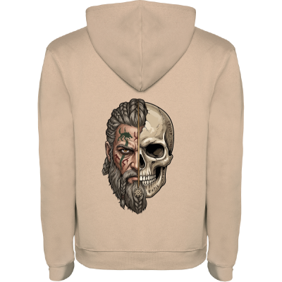 Sweatshirt bege com imagem metade homem e metade crânio nas costas