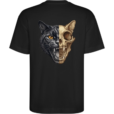 T-shirt preta com estampa de rosto de gato e crânio dividido ao meio