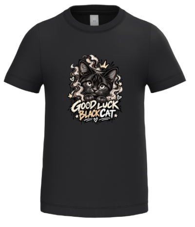 T-shirt preta com estampa de gato preto e texto GOOD LUCK BLACK CAT