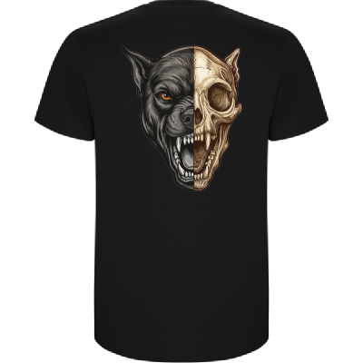 T-shirt preta com estampa de cabeça de cão agressivo e crânio