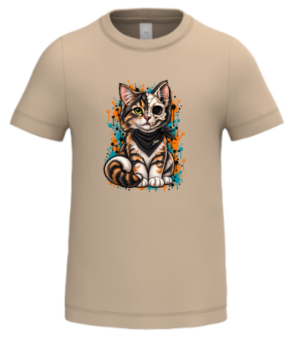 T-shirt bege com estampa de gato e caveira com lenço preto e texto José.