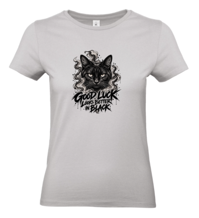 T-shirt cinzenta com estampa de gato preto e texto em inglês