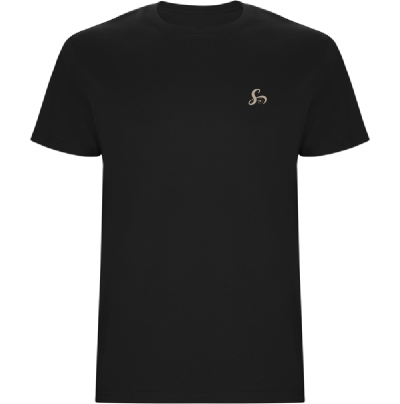 T-shirt preta com pequeno logótipo bege no peito