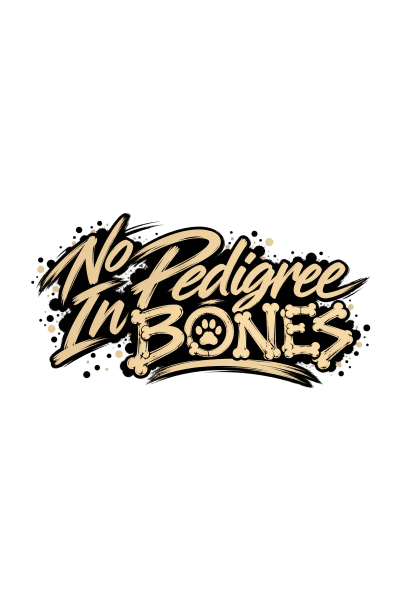 Texto artístico No Pedigree In Bones com efeito de ossos e pata de animal