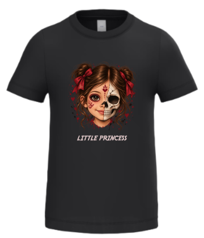 Camisola preta com estampa de rapariga e caveira e texto LITTLE PRINCESS