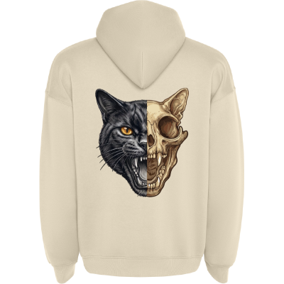 Camisola bege com capuz e ilustração de cabeça de gato e crânio no verso