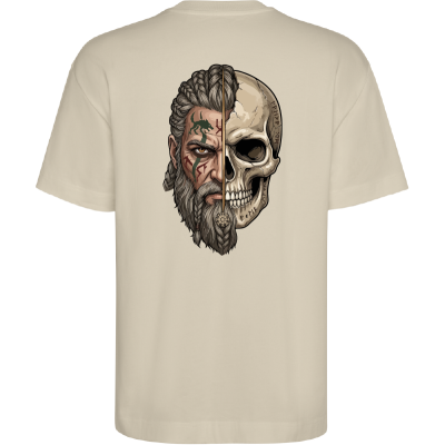 Camiseta bege com estampa de rosto humano e crânio nas costas
