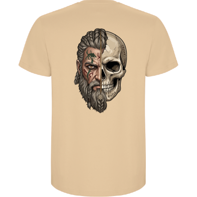 T-shirt bege com estampa de rosto metade humano metade crânio