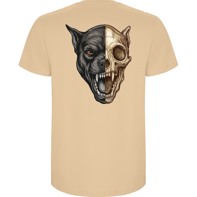 T-shirt bege com estampa de cabeça de cão e crânio