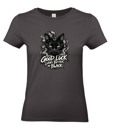 T-shirt preta feminina com estampa de gato preto e texto branco
