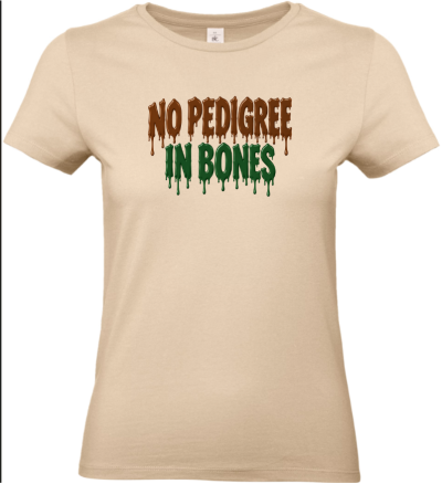 T-shirt bege com texto gotejante castanho e verde
