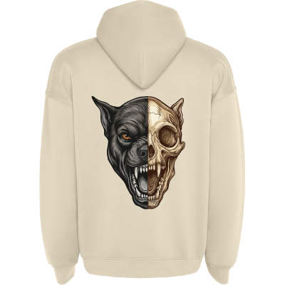 Camisola com capuz bege com estampa de cão e crânio na parte de trás