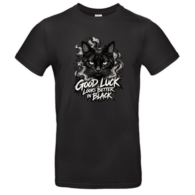 T-shirt preta com estampa de gato preto e frase em branco