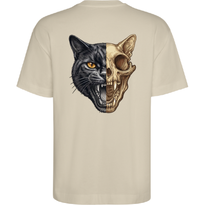 T-shirt bege com estampa gráfica de gato e crânio de gato nas costas
