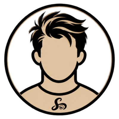 Avatar masculino estilizado com cabelo preto e bege dentro de círculo preto dourado