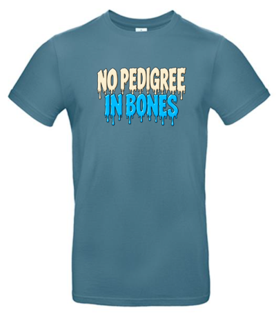 T-shirt azul com texto gotejante em bege e azul