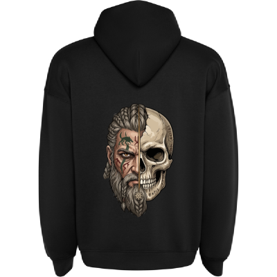 sweatshirt preta com estampa de rosto meio homem meio crânio nas costas