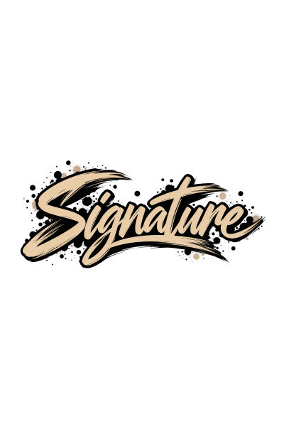 Texto estilizado Signature em bege com contorno preto, sobre fundo preto.