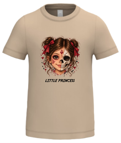 Camisola bege com estampa de rapariga metade rosto humano metade caveira e texto LITTLE PRINCESS