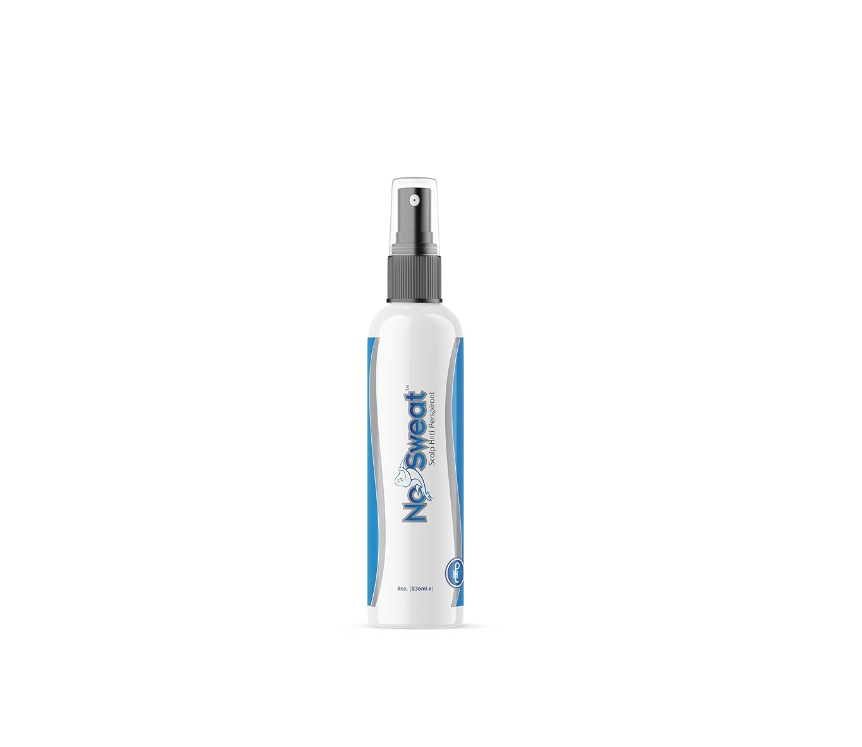 No Sweat | Sem Suor – Antitranspirante para o Couro Cabeludo - 8oz (236ml) Frasco de spray No Sweat com rótulo azul e branco