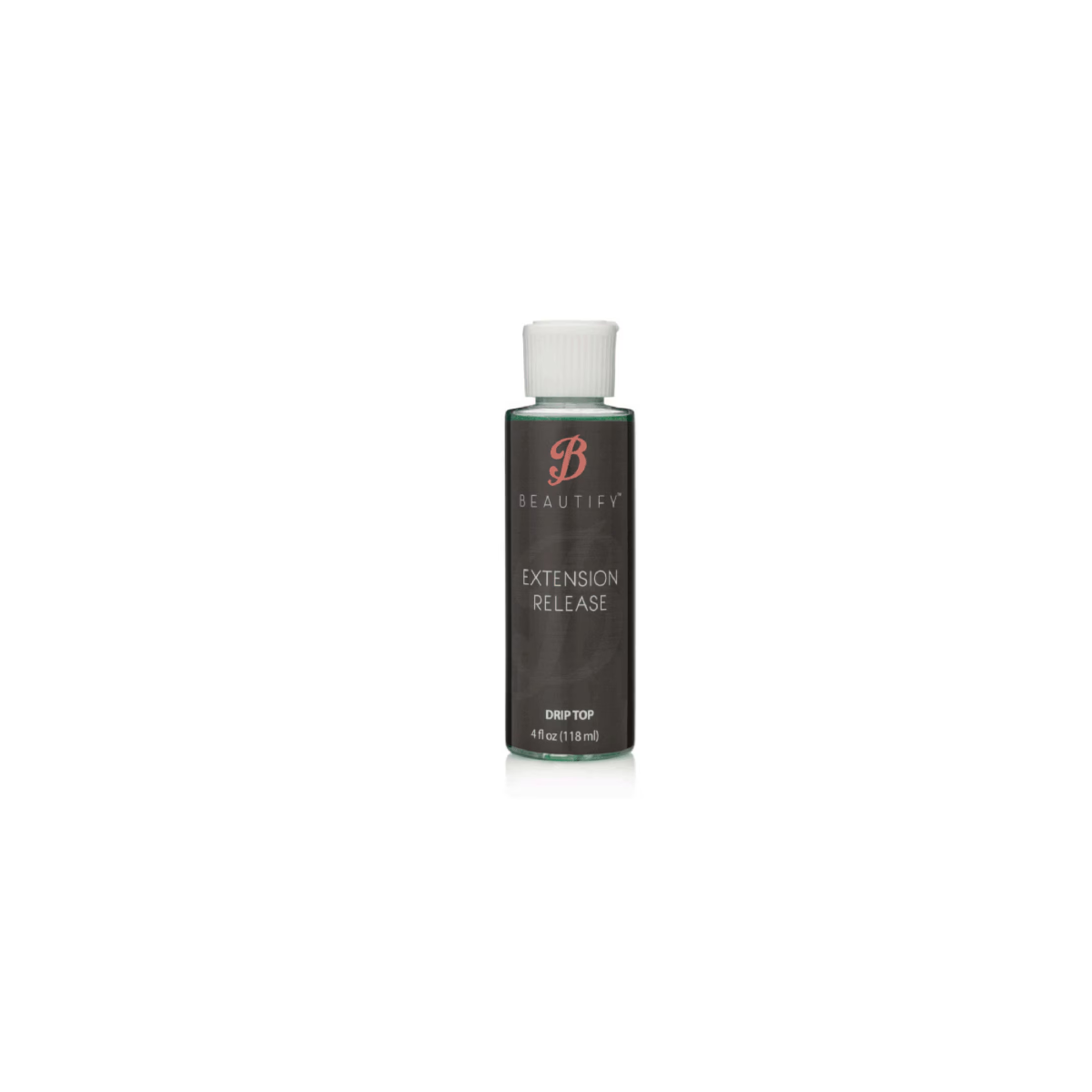 Extension Release Beautify, removedor para extensões cabelo Drip Top (118ml) Frasco preto de produto cosmético com tampa branca e texto