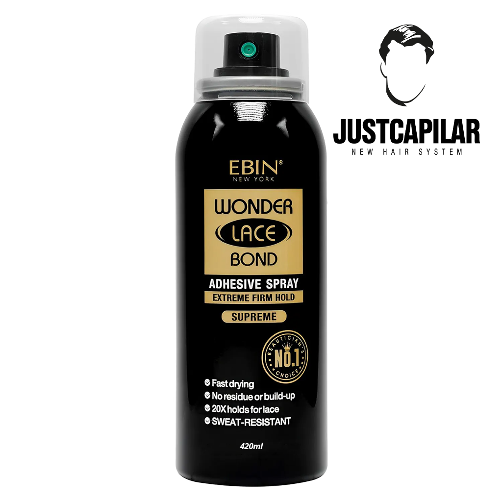 EBIN WONDER LACE BONDE SPRAY SUPREME 420ML Frasco preto brilhante de spray adesivo para cabelo com tampa transparente e texto dourado e branco