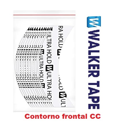 Walker Tape, Ultra Hold - Tiras pré-cortadas contorno frontal (CC) para todos os sistemas capilar. Fita adesiva transparente Walker Tape Ultra Hold embalada com texto e selo