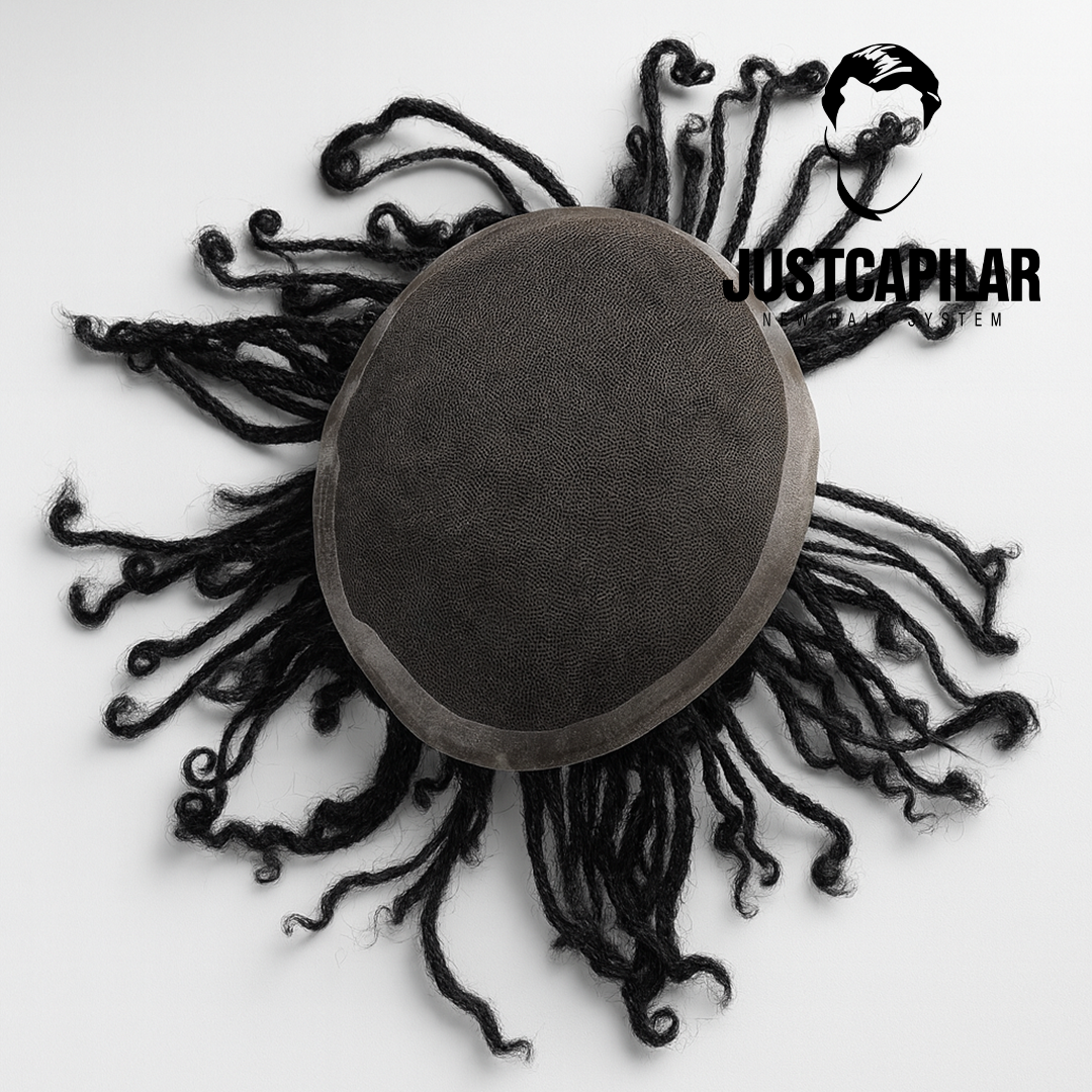 Prótese Capilar AFRO STYLE com tranças base french lace Aparelho capilar JustCapilar com base castanho escuro e cabelos negros enrolados