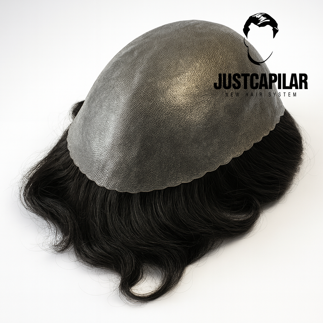 Prótese capilar em M-pele 0.12mm, frente canelada e resistência superior Prótese capilar com base cinza e cabelo preto ondulado