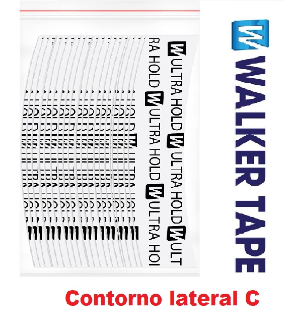 Walker Tape, Ultra Hold - Tiras pré-cortadas contorno lateral (C) para todos os sistemas capilar. Adesivos curvos transparentes para automóvel com texto ULTRA HOLD, embalagem com WALKER TAPE e texto Contorno lateral C
