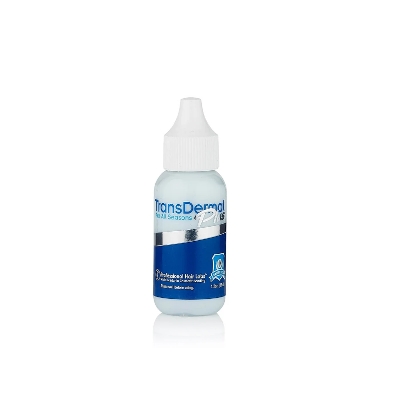 transdermal Plus - Cola para Prótese Capilar (original) resistente à Água e ao Suor - 1.3oz (38ml) frasco plástico branco com tampa e rótulo azul TransDermal Plus