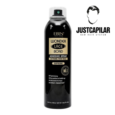 Spray adesivo EBIN Wonder Lace Bond preto com tampa transparente e texto dourado e branco